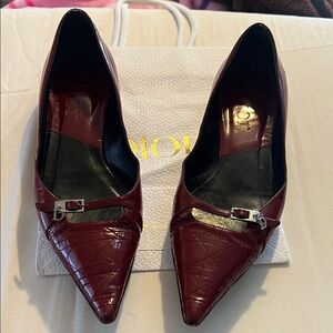 Dior Burgundy Patent Leather Pointed Pumps with Silver Buckle